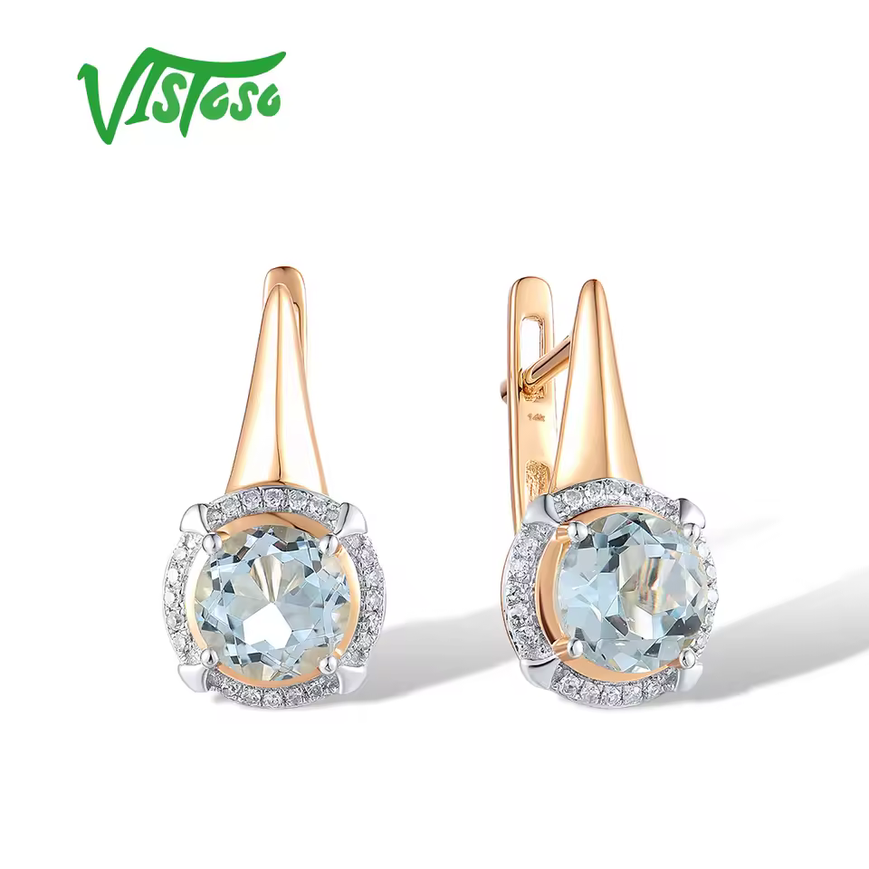 VISTOSO 14K Rose Gold Earrings with Diamond Sky Blue Topaz