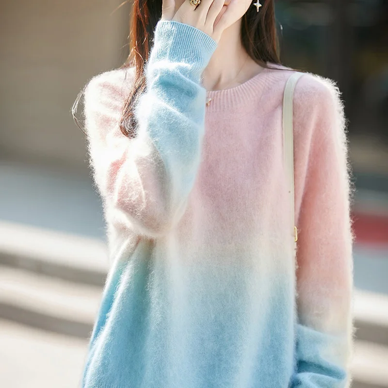 Women's Cashmere Sweater With Plush Gradient Round Neck Wool Knit Sweater, Loose, 2026 Autumn Winter New Item Thick Warm Sweater