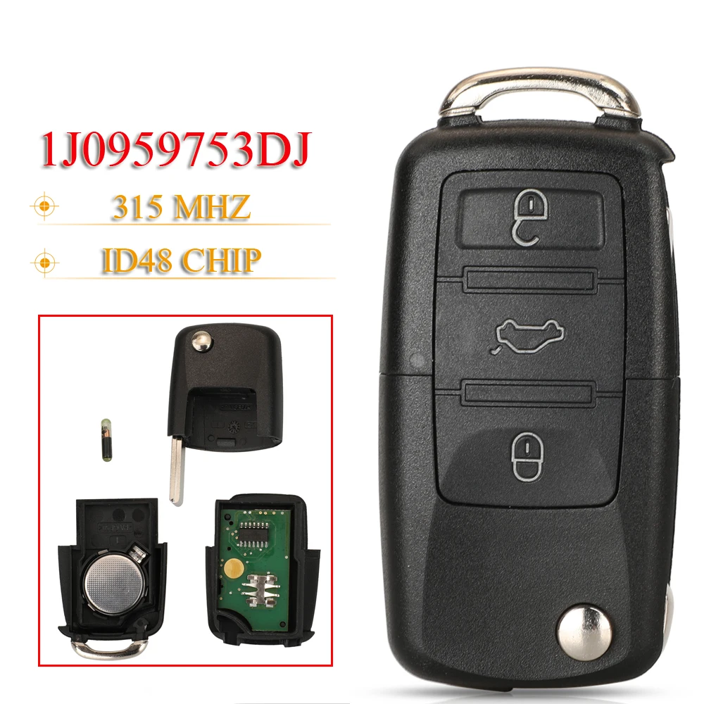 jingyuqin 1J0959753DJ Flip Remote Car Key Fob 315MHz ID48 For Volkswagen VW Bora Golf Sharan Passat Leon Toledo HU66 Blade