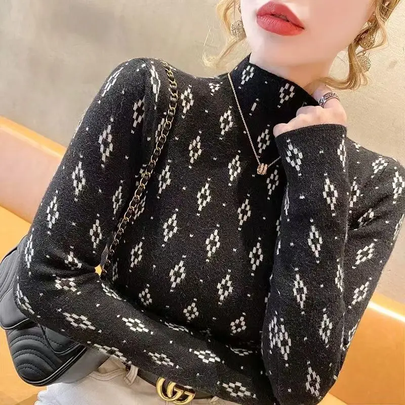 Autumn Winter Y2K Print Fashion Elegant Lady Pullover Thick Slim Stylish All Match Long Sleeve T-shirt Chic Warm Women Clthoes