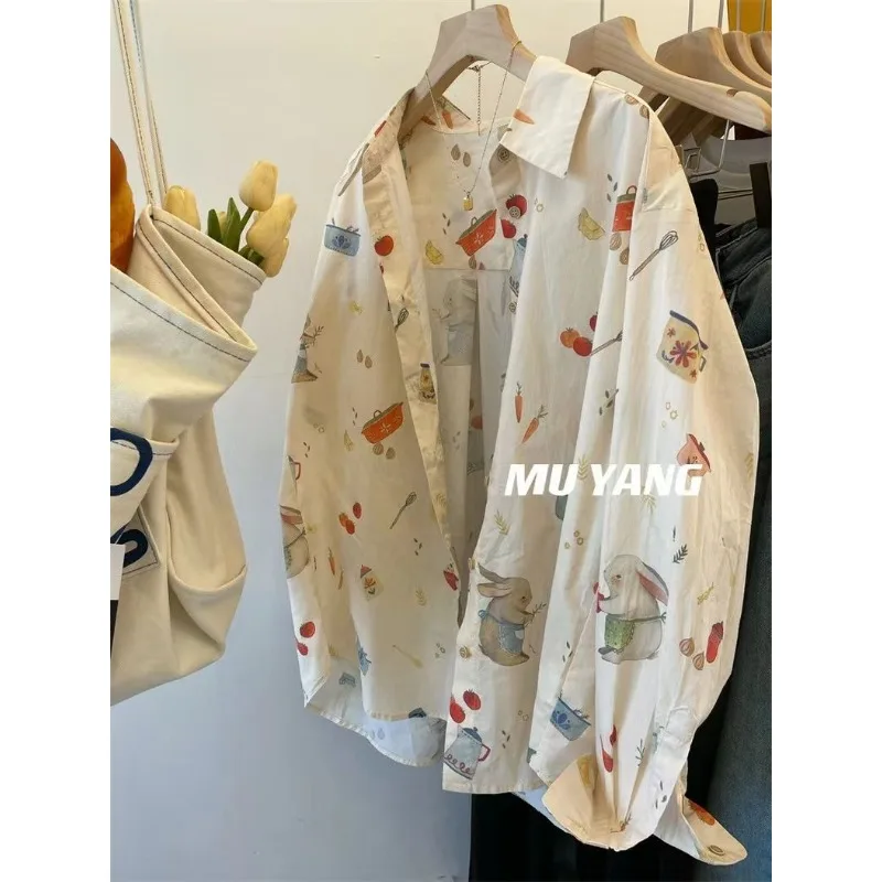 

Korean Women's 2025 New Autumn Cartoon Fun Print Fashion Retro Long-sleeved Versatile Button-down Shirt
