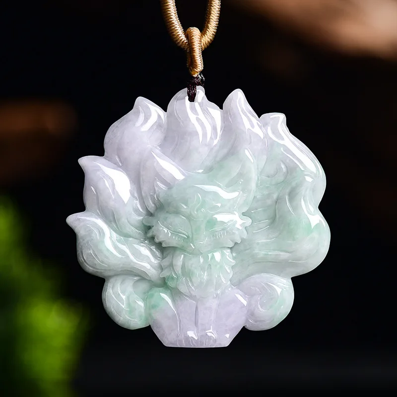 New Natural Emerald Spring Colorful Nine Tailed Fox Pendant Jadeite Necklace Jewelry Charm Designer Luxury Gift for Women