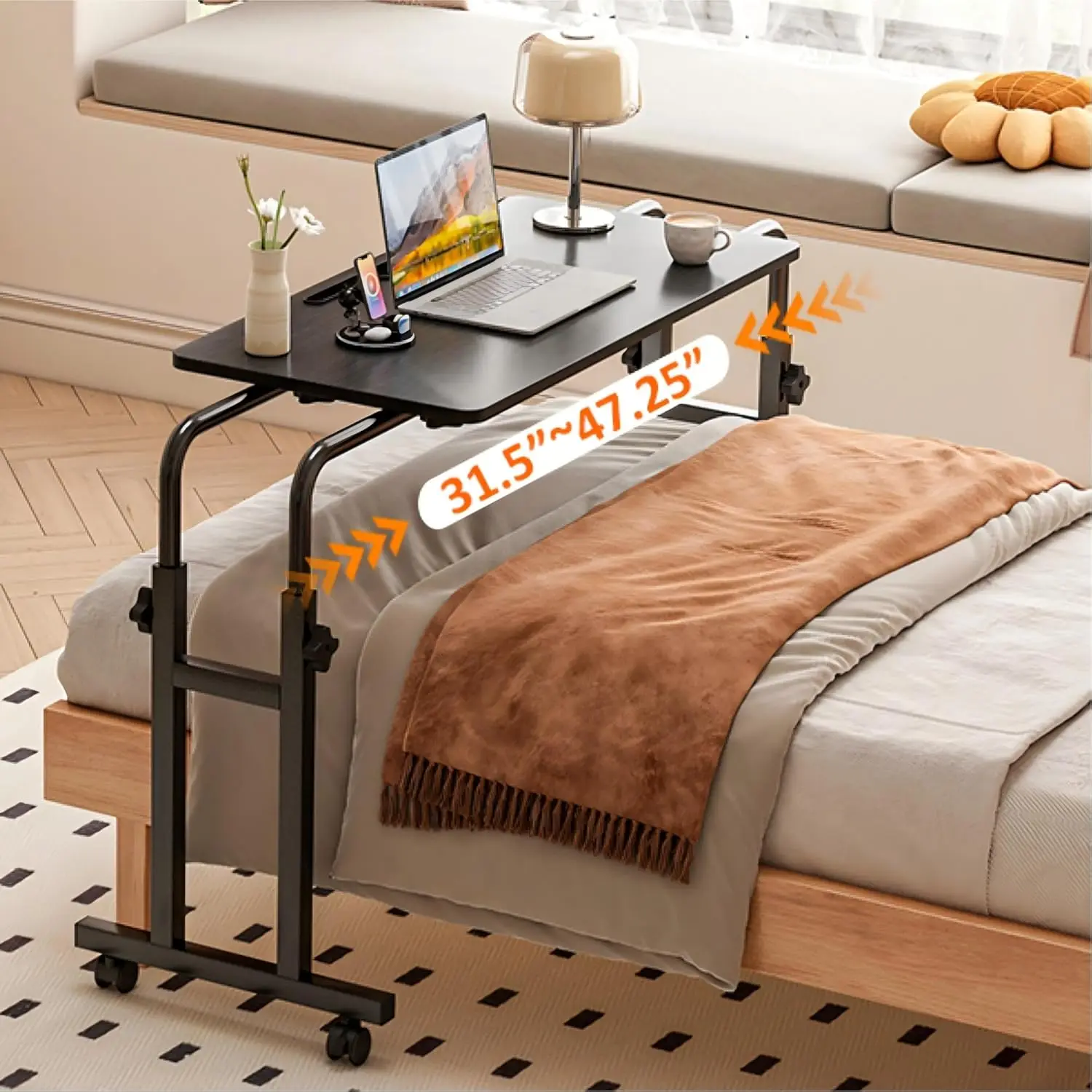 

Recliner Table,Overbed Table with Wheels Adjustable Height and Length Over Bed Desk, Hospital Heavy Duty Metal Leg Laptop Stand