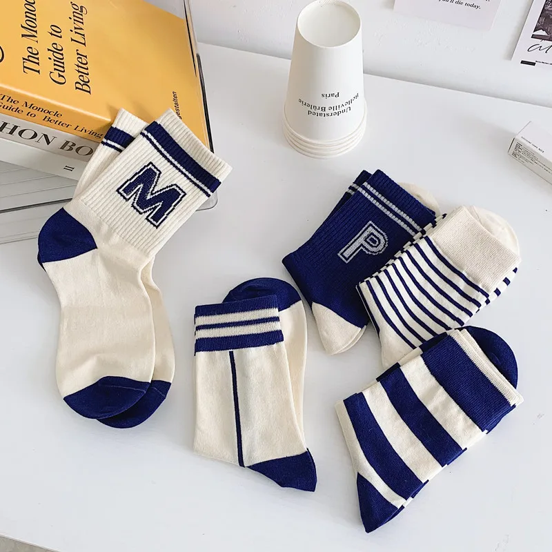 5 Pairs Of Socks Set Spring And Summer New Pure Cotton Women\'s Socks Minimalist Style Blue Striped Socks Women\'s Sports Socks