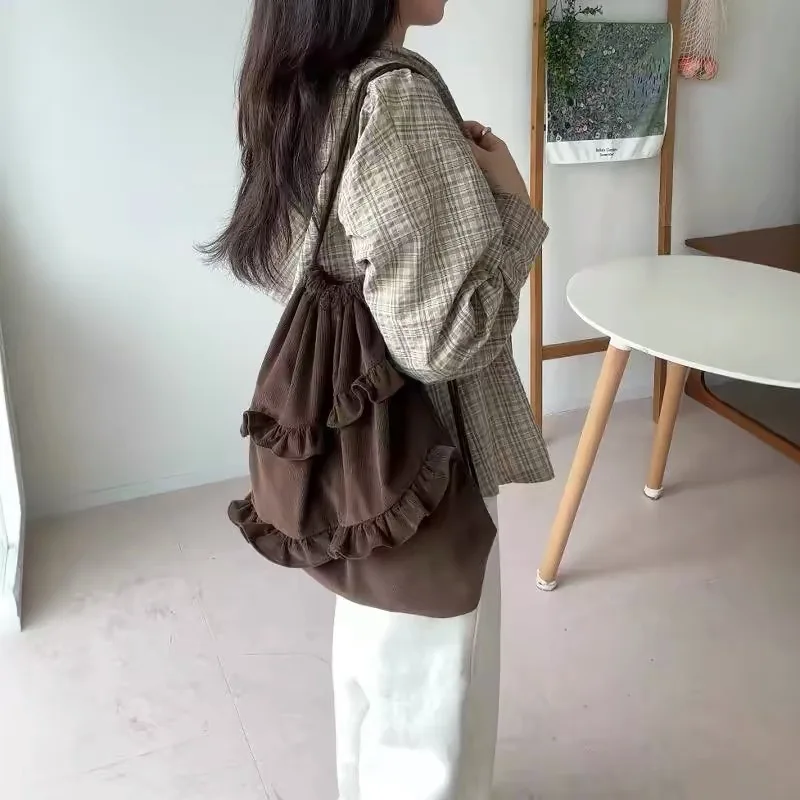 Korean Corduroy Ruffle Fold Drawstring Backpack Fashion Autumn Lightweight Literature and Art Backpack