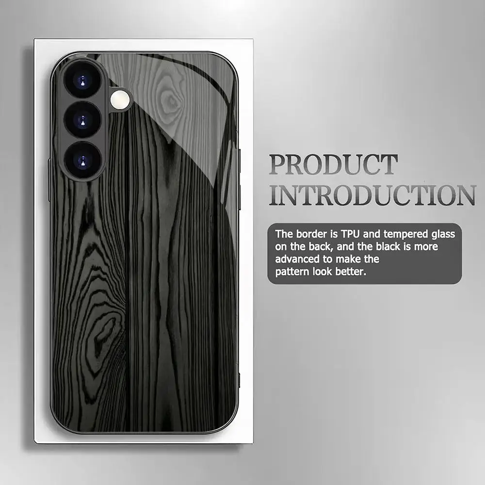 Black wood grain tempered glass phone case suitable for Samsung Galaxy S26 S25 S24 S23 S22 S20FE/Ultra/Plus anti drop back cover