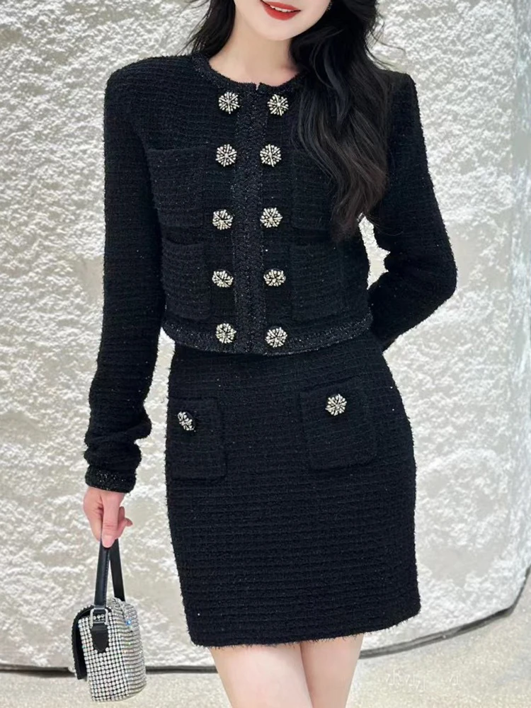 Double-breasted sequin knit cardigan jacket skirt suit temperament elegant round neck long sleeve short half-body skirt suit