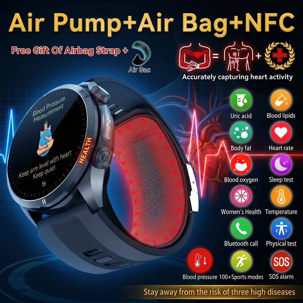 2026 New High-end Air Pump Blood Pressure Blood Oxygen ai SmartWatch ECG Micro Physical Examination NFC Airbag Smart Watches Man