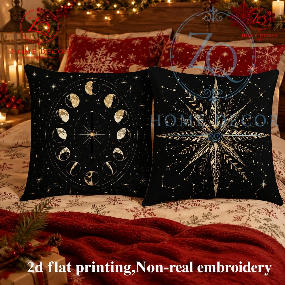 Boho Moon Phase Celestial Throw Pillow Cover Black Gold Astrology Cushion Case for Winter Holiday Living Room Bedroom Decor