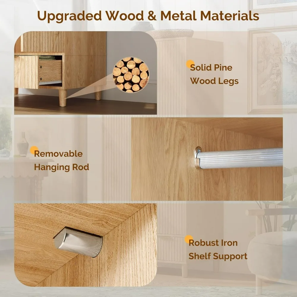 Oak Wood Fluted Wardrobe with Doors, Drawers, and Hanging Rack for Bedroom Storage