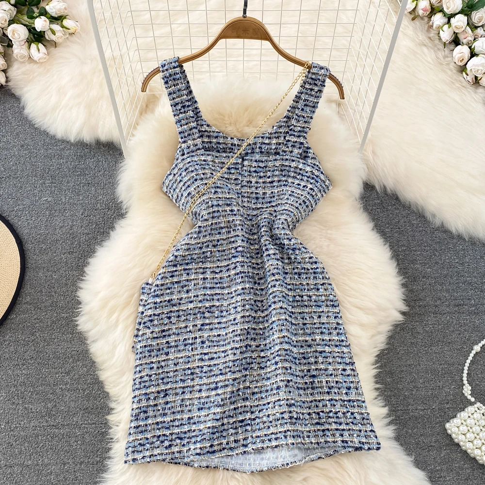 Summer Elegant Mini Tweed Dress for Women Strap High Waist Short Vestidos Sleeveless Bodycon Female Robe Luxruy Chic Vacation