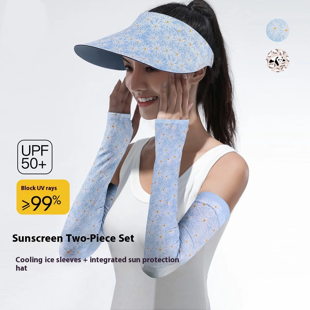 

Summer Sun Protection Set Printed Visor Hat Ice Sleeves Outdoor Cap with Large Brim Design for Sun Shade 2-in-1 Cooling Set