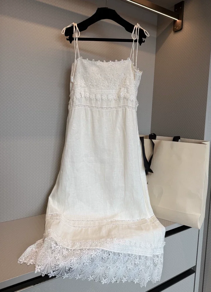 

Sexy Women's Beige Dress Fashion Ladies Spaghetti Strap Midi Dress Lace Elegant Embroidered Dress Long