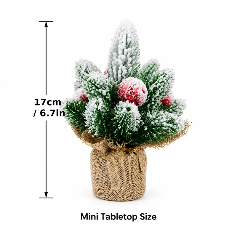 Burlap Mini Christmas Tree Tabletop Decor – Snowy Faux Tree Ornament for Home Display