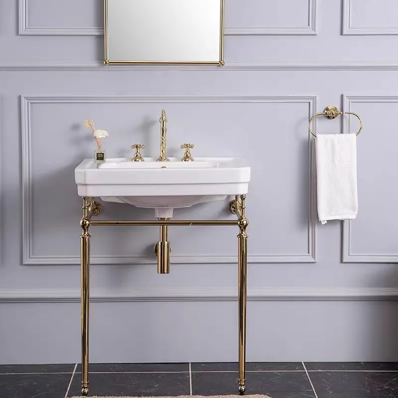 

Household Ceramic Washbasin Floor-standing Retro Design Sturdy Durable Bathroom Sinks Brass Bracket Stable Bathroom Fixture