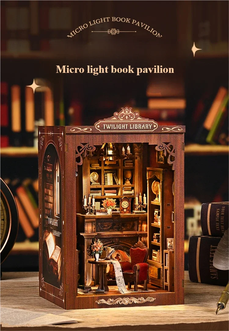 مايكرو ضوء كتاب جناح DIY منزل صغير كتاب حامل التجمع نموذج خشبي كتاب حامل لعبة مجسمة 3D DIY منزل صغير #2