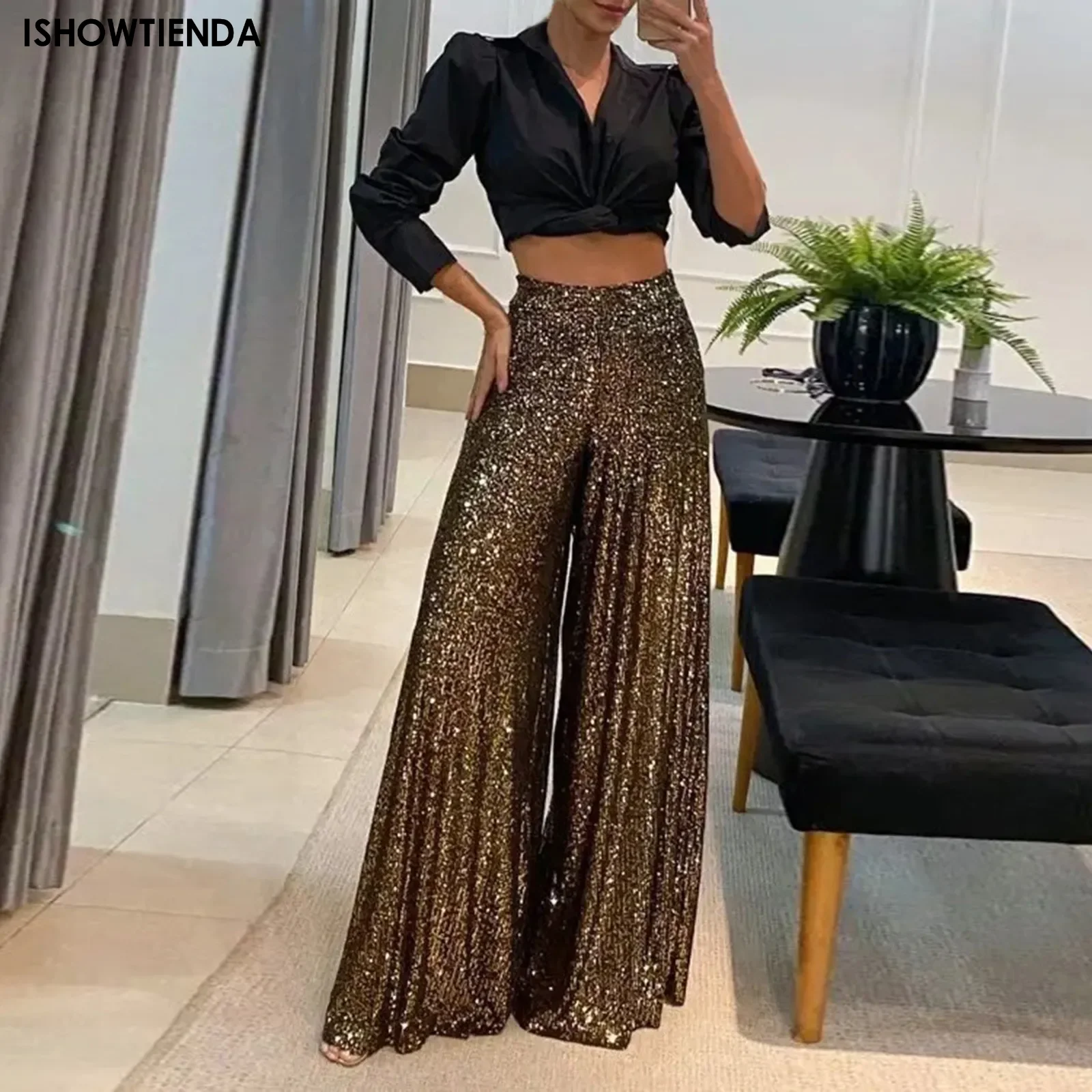 The New Women's Trousers Fashion Trendy Sparkling Gold Pants Relaxation Of Tall Waist Wide-legged Pants Women's South Korean Sty