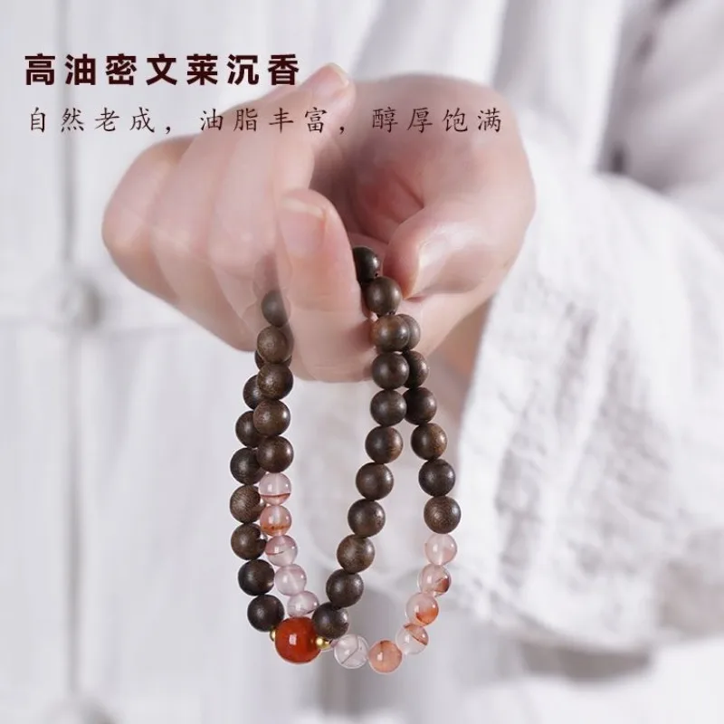 Brunei Agarwood Double Circle Bracelet with Nanhong Agate Natural Oil Rich Elegant Fragrance Stackable Women Jewelry Gifts