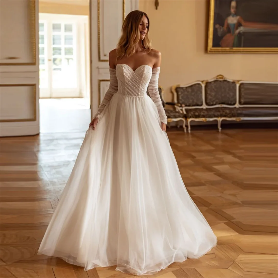 Elegant Sweetheart Beading  Pleat  Wedding Dresses Women Long  Sleeve Open Back Tulle Bridal Gown Vestido De Novia Customized