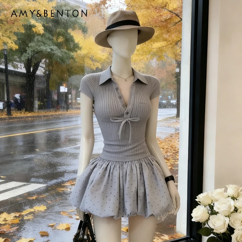 

Gentle Korean Style Design V Collar Knitted Women's Shirt Top 2026 Spring Summer Age-reducing Versatile Bud Skirt Suit Ladies