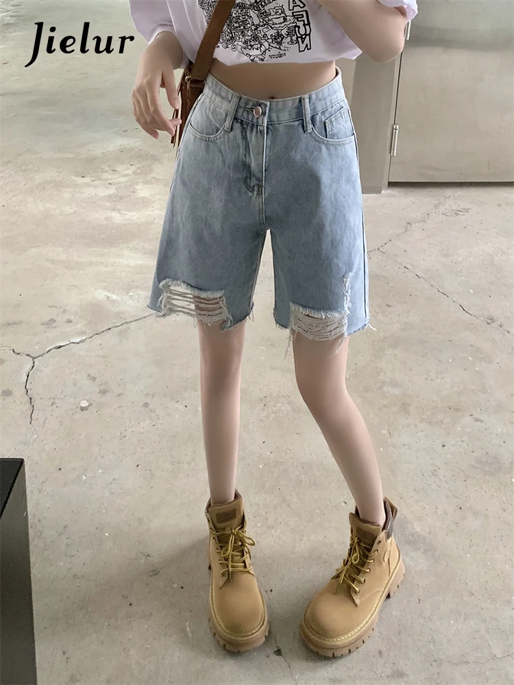 Jielur Summer High Waist Holes Denim Women's Jeans Loose Slim Fashion Basic Female Shorts Blue Light Young Casual Jeans Woman