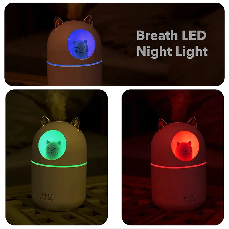 2X Cute Cat Cool Mist Humidifier Cat Night Light Essential Pure Air For Baby Room,Easy Clean Quiet Operation White