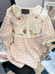 Korobov Japanese Sweet T-Shirts Embroidered Flower Short Sleeve Shirt Women's Summer Vintage Age Reduction Plaid Doll Collar Top