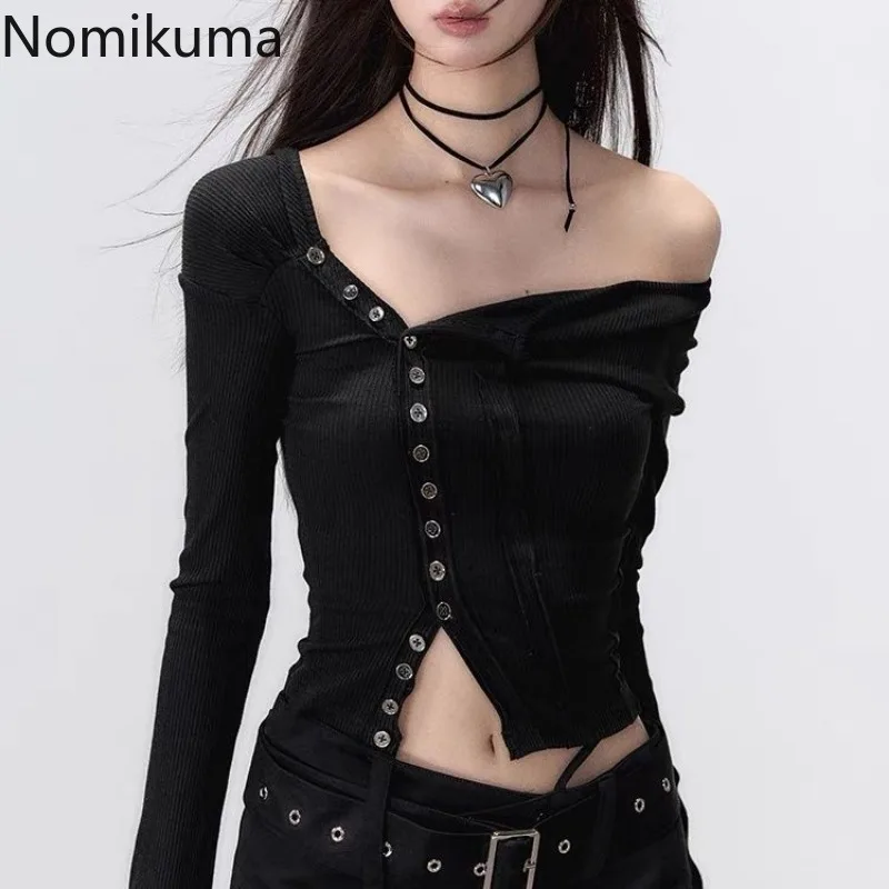 Black Tshirts Women Clothes Long Sleeve Slash Neck Tunic Tees 2024 Ropa Mujer Single Breasted Sexy Korean Y2k T Shirt Ropa Mujer