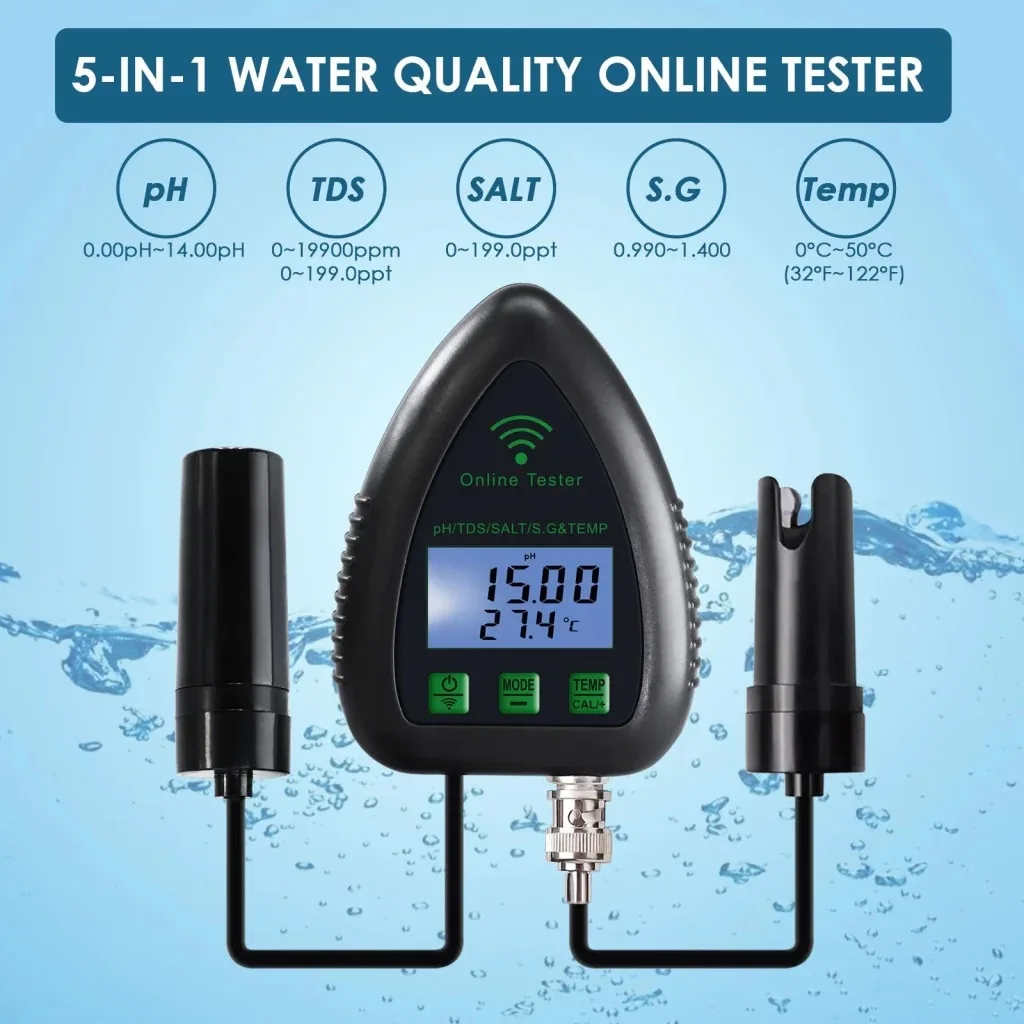 5‑in‑1 WiFi Online Water Quality Monitor, Hydroponic Plant Tester with Mobile Phone Remote Real‑time Monitoring Function