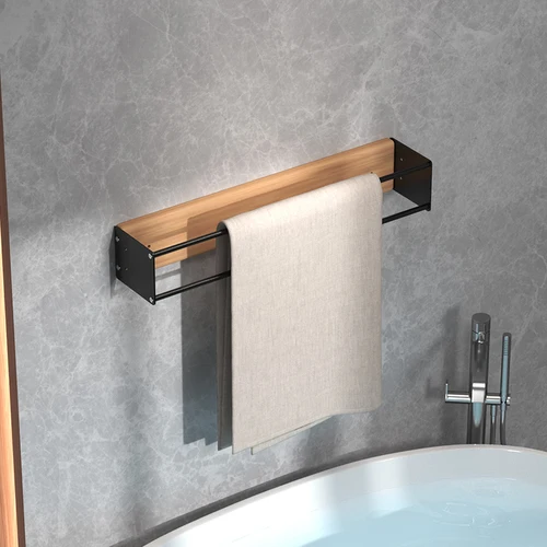 Imagen 2 del producto Toallero de almacenamiento, toallero de baño de metal montado en la pared con tablero de madera, toallero de baño
