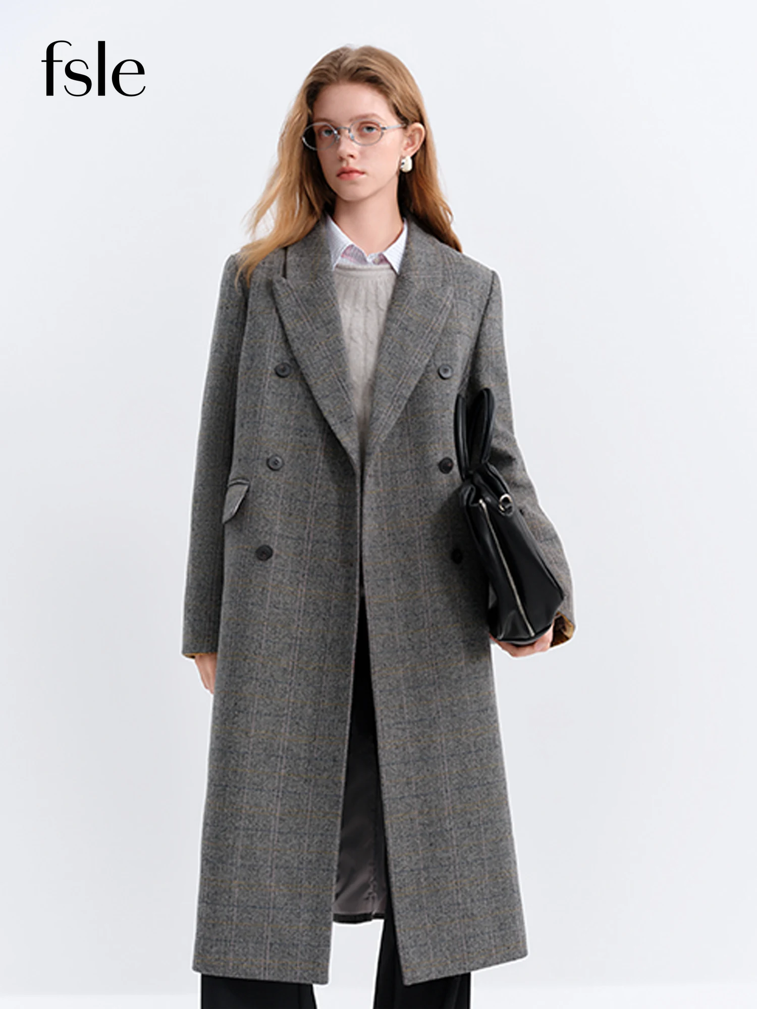 FSLE Blazer Woolen Coat Women's Winter 2025 New Korean Retro Woolen Coat Plaid Commuting Warm Mid-calf Temperament