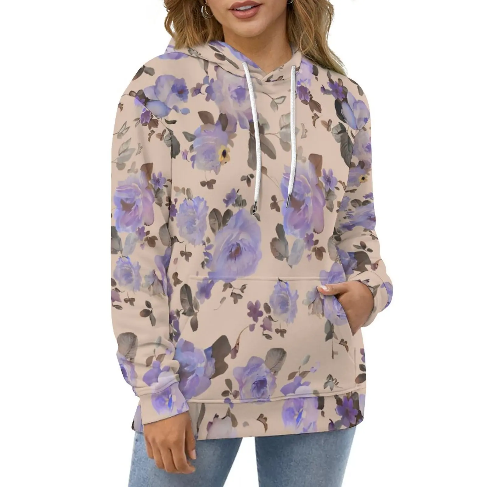 Purple Floral Hoodies Flowers Print Classic Casual Pullover Hoodie Long Sleeve Cute Design Hooded Sweatshirts Birthday Present