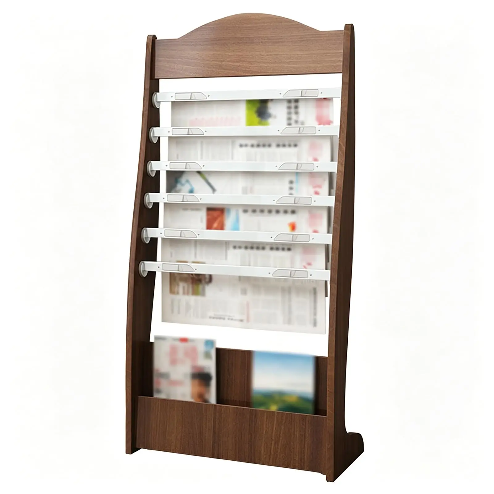 Wooden Magazine Rack, Floor Standing Brochure, Curved Newspaper Display Rack for Office, Clinic, Retail Store, Waiting