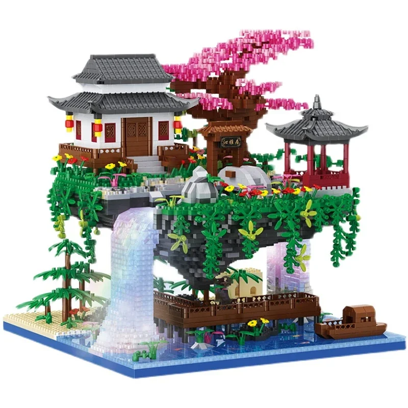 Tree House Diamond Building Blocks, Arquitetura de Jardim, Waterfall Light, Tijolos DIY, Cherry Blossom, Brinquedo para Crianças, Presente Adulto, 3320 peças