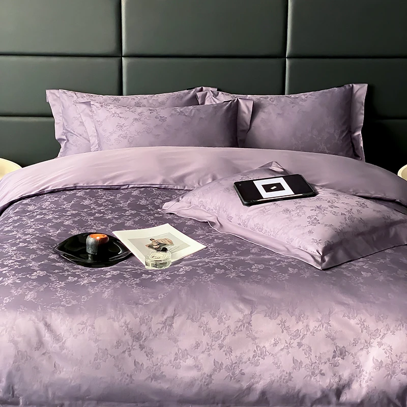 Egyptian Cotton Satin Jacquard Bedding Set, Luxury, Soft, Silky, Elegant Purple Flowers, Duvet Cover, Bed Sheet, Pillowcases