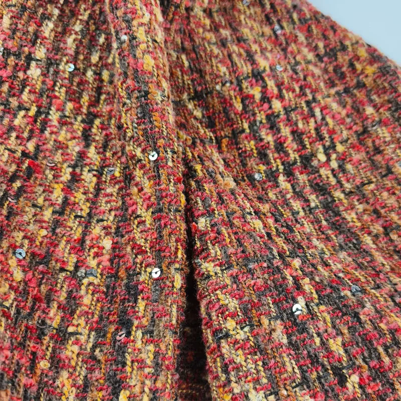 Red and Black Lattice Yarn-Dyed Braided Tweed Fabric For Women's Autumn Jacket Dress Suits Coat Handbag DIY Sewing Material