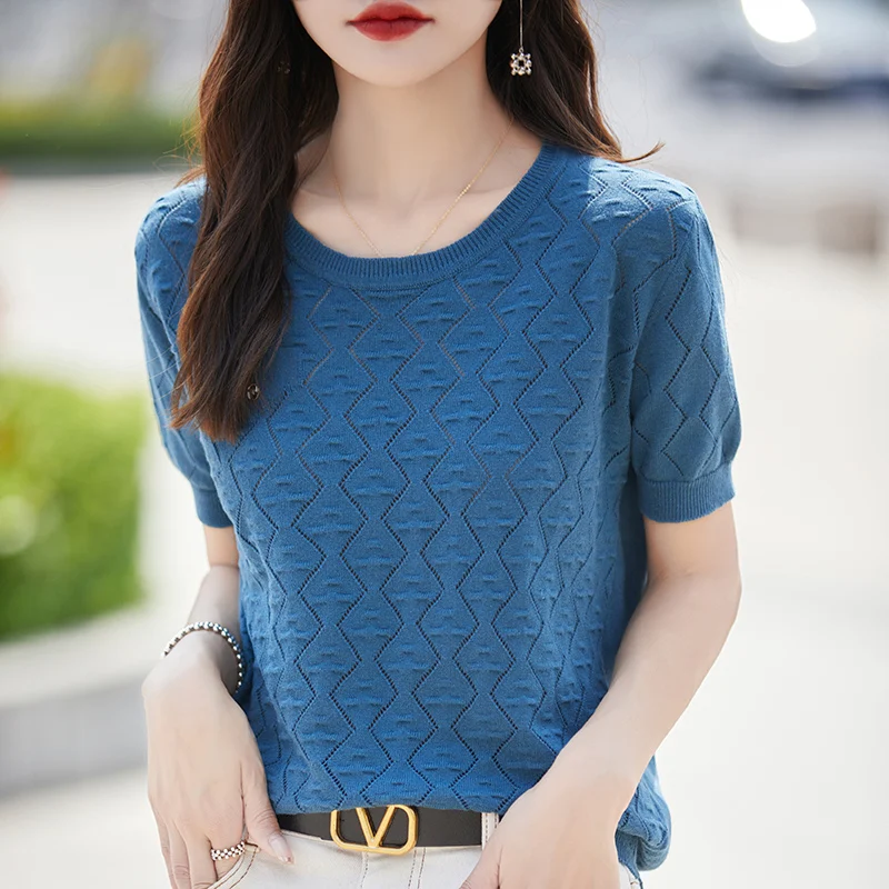 Women\'s T-shirt Summer 100% Cotton Sweater Short Sleeve Fashion Knitted Round Neck Ladies Tops Loose Blouse Pullover Hollow Tees