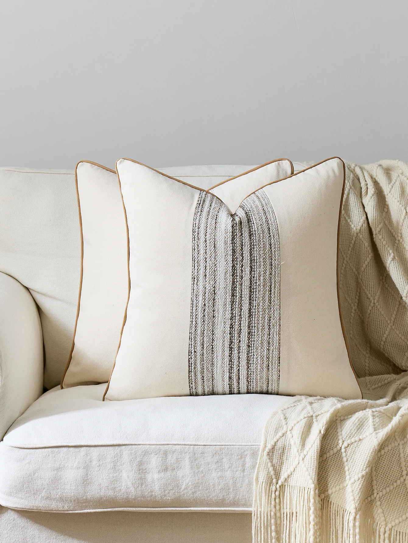 2-Pack Boho Style Square Pillow Covers 45x45cm Farmhouse Decor Stripe Pattern Non-Core Home Accessories