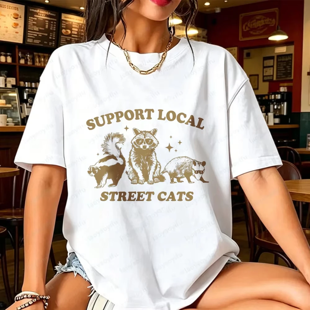 Support Local Street Wildlife Skunk Raccoon Opossum Graphic Tshirt Women Vintage Sepia Animal Print Tee Funny Forest Cotton Tops