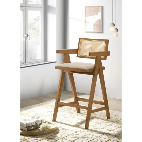 Modern Coffee Cafe Shop Armrest High Counter Kitchen Restaurant Wood Rattan Dining Bar Chair((Set Of 2))