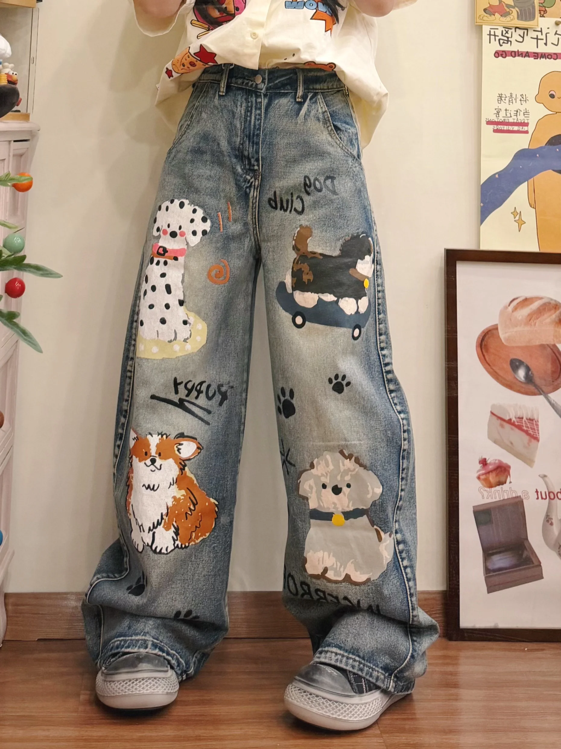 

Джинсы BIBULU с высокой талией и широкими штанинами, женские, прямые, с принтом в виде собак и мультяшных персонажей, забавные, в американском ретро-стиле