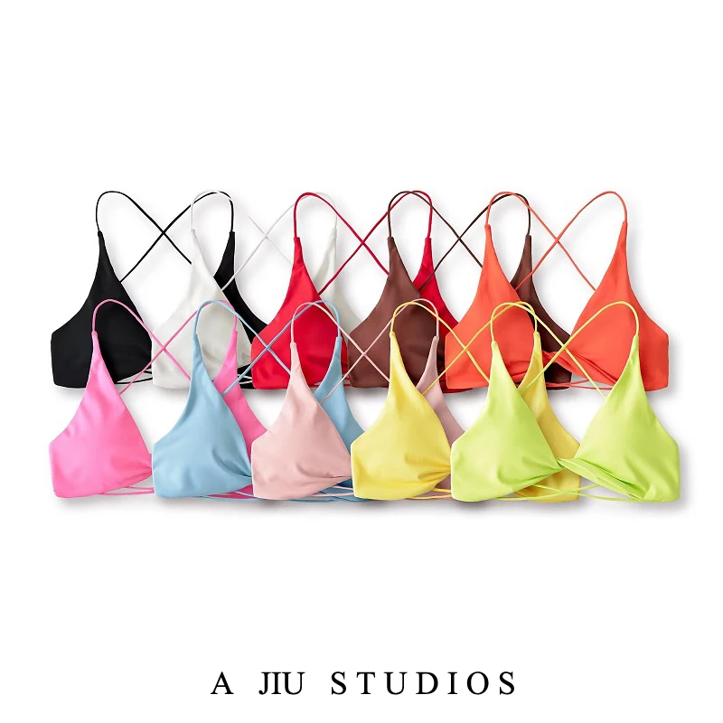 Seksowny top damski na ramiączkach typu bikini, z wkładkami w biuście, idealny na lato, do jogi, sportowy, obcisła bielizna, z nylonu, o długości ort, w jednolitym kolorze.