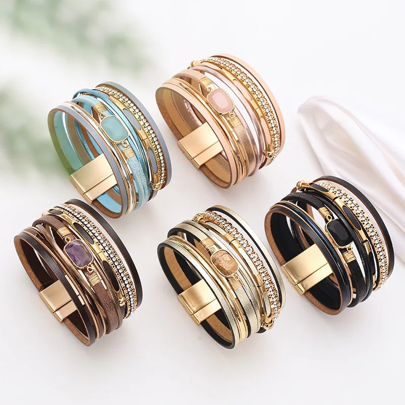 

European and American fashion bracelets crystal magnet buckle leather bracelet woven multi-layer personality bracelet wholesale