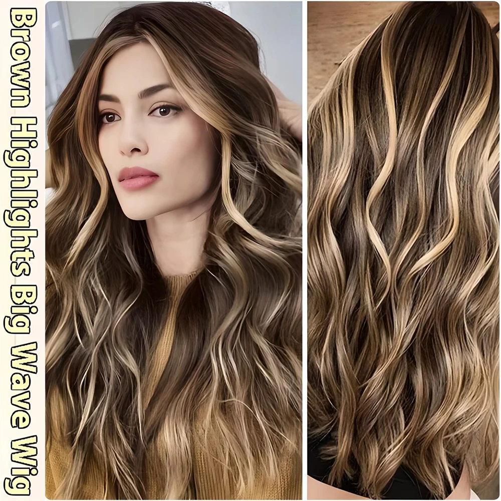 4*4 peruca de fechamento de renda para mulheres longo encaracolado ondulado peruca de renda 26 "synthetic destaque chocolate marrom perucas de cabelo festa diária dia das bruxas