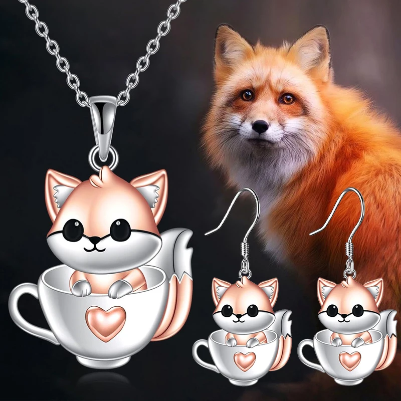 Fox Teacup Love Pendant Earrings Necklace Set Animal Jewelry Christmas Gift Valentine's Day Birthday Gift Wife Girlfriend Friend