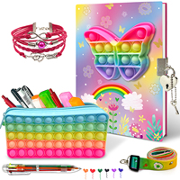 Pop Notebook for Kids, Fidget Journal Set Includes Diary with lock Pink Fashion Bracelet 6 Multicolor Ball Pen & Pop Pencil Case