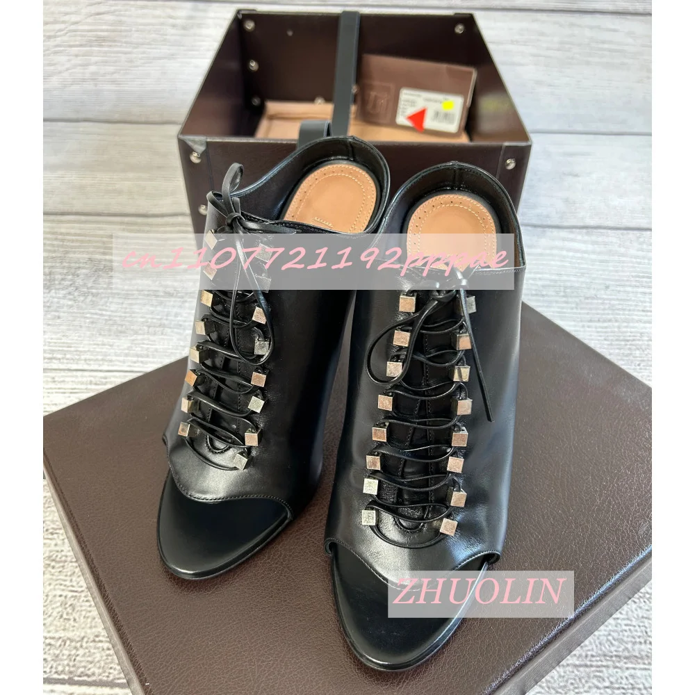 

Summer Black Lace-Up Open-Toe Ankle Boots For Women Matte Stiletto Heels Sexy Party Prom Gladiator Shoes Zapatos Mujer Big Size