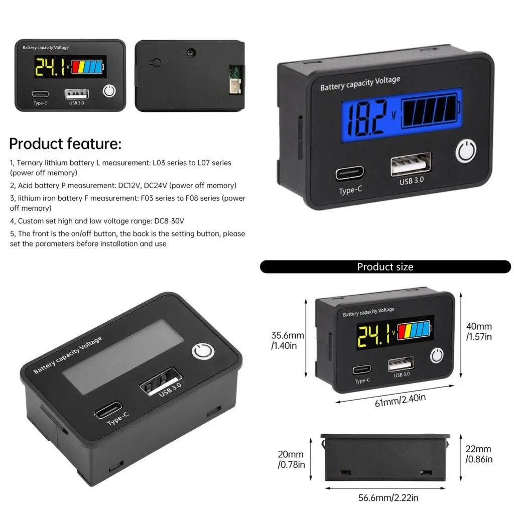 Adjustable Electric Battery Capacity Tester QC3.0 USB Type C Power Meter for LiFePO4 Ternary Lithium Pb Acid Batteries