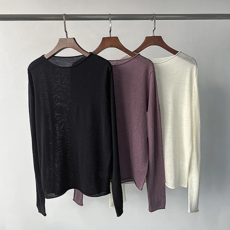 

Ultra-Fine Soft Wool Rolled Hem Stretch Base Layer Slim-Fit Comfortable Straight-Cut Lightweight Wool Sweater Spring/Fall Style