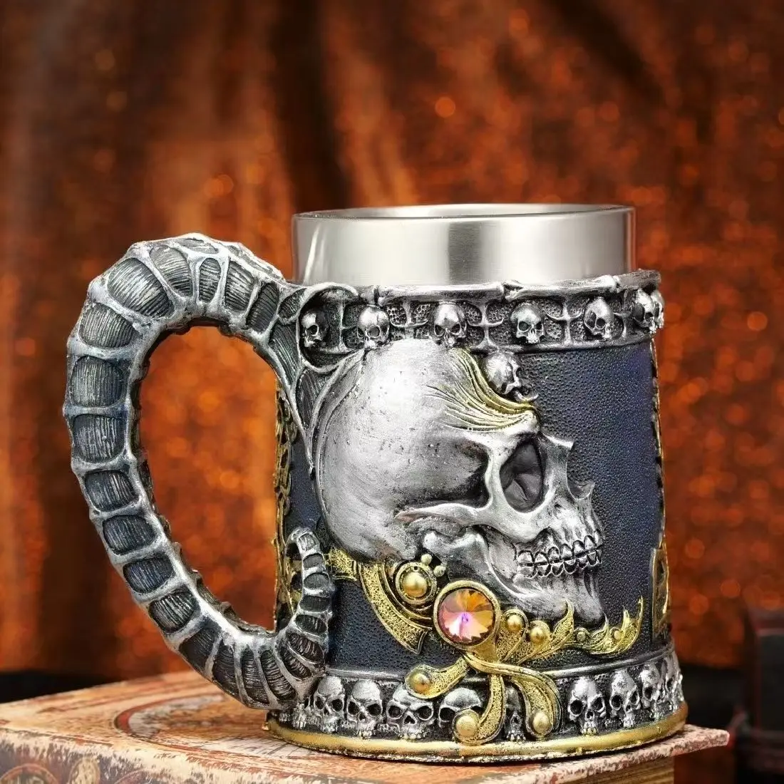Home Bar Decor Gothic Skull Drinking Tankard Resin Craft Mug Ram Horn Handle Stainless Steel Inner Liner Collectible Drink Cup